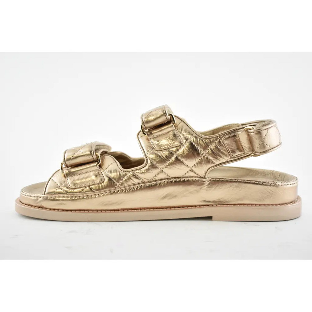 Chanel 21C Bronze Quilted Chain CC Logo Mule Slide Strap Flat Teva Dad Sandal 37 - Picture 8 of 12